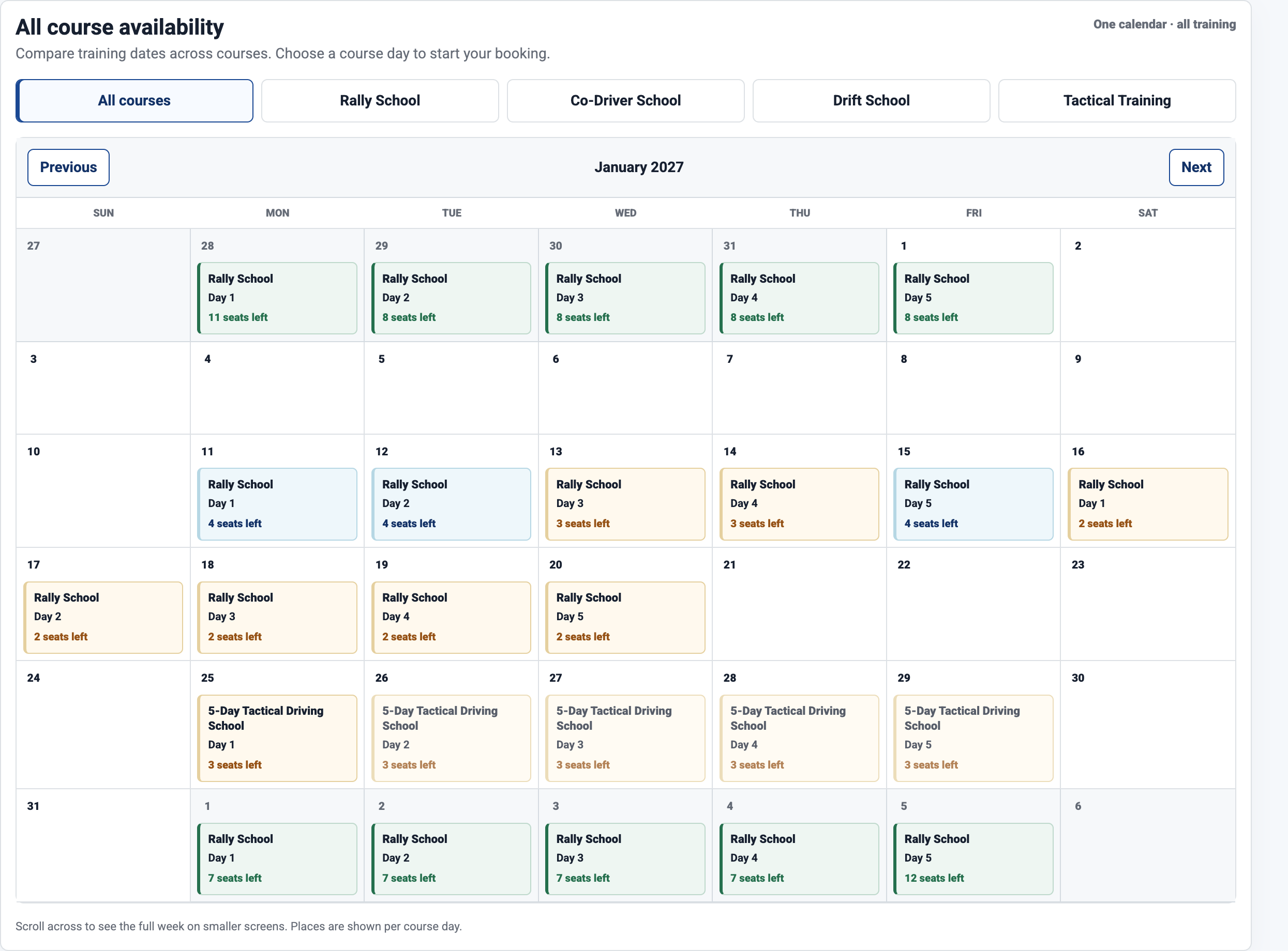 CourseSpan calendar showing sample course dates, daily capacity, and available places