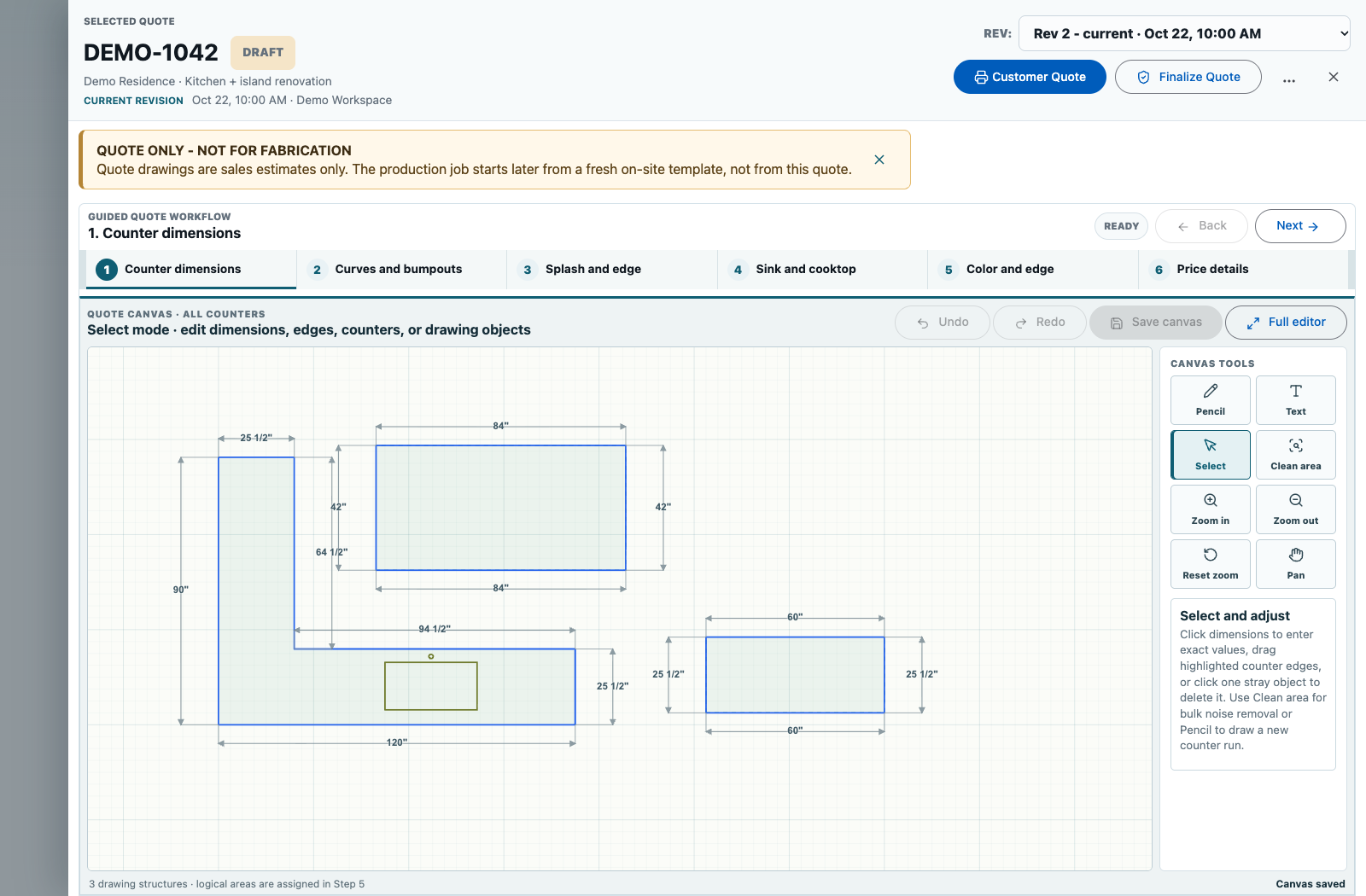 ForgePath’s quote workspace showing sample countertop drawings and dimensions