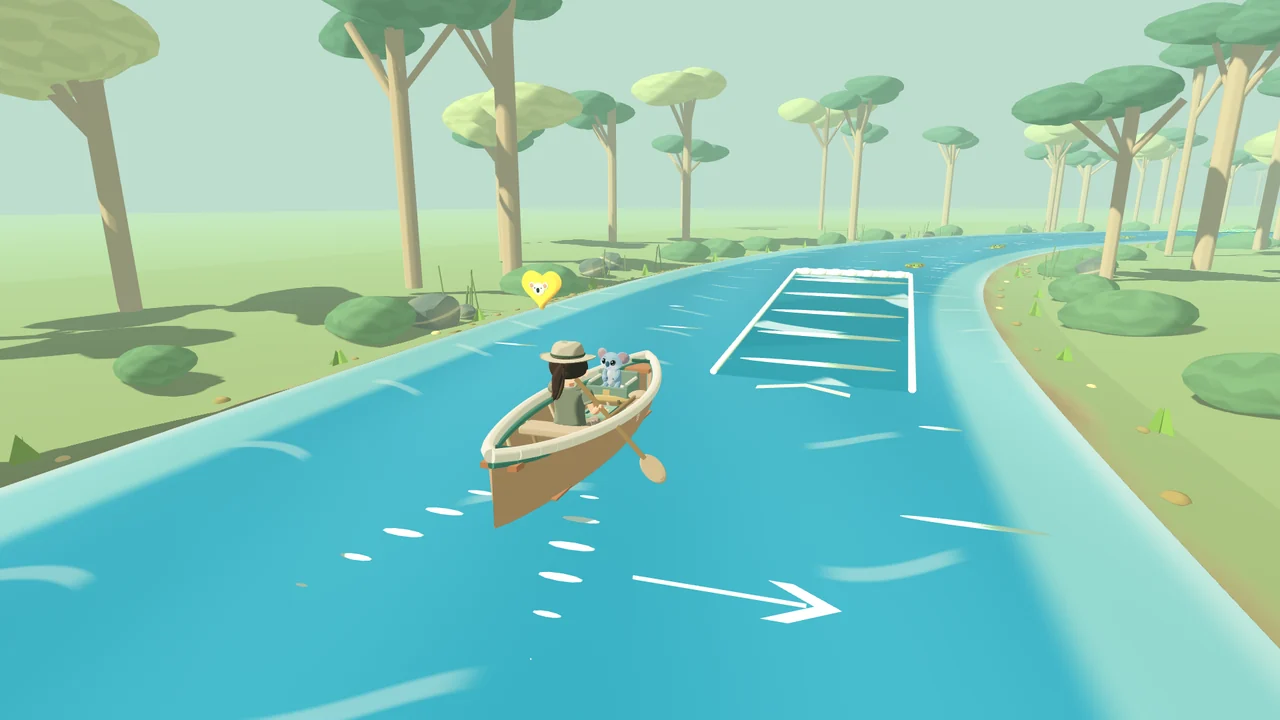A ranger paddles a canoe along a winding river through the trees